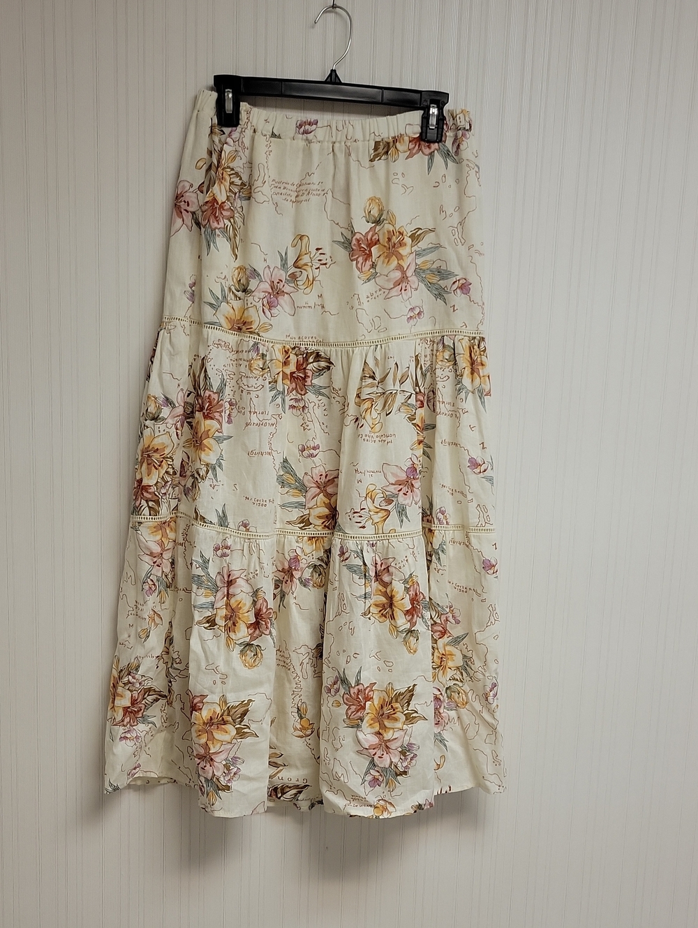 Calypso St. Barth Cream Floral Tiered Maxi Skirt Pink & Yellow Blooms New Small